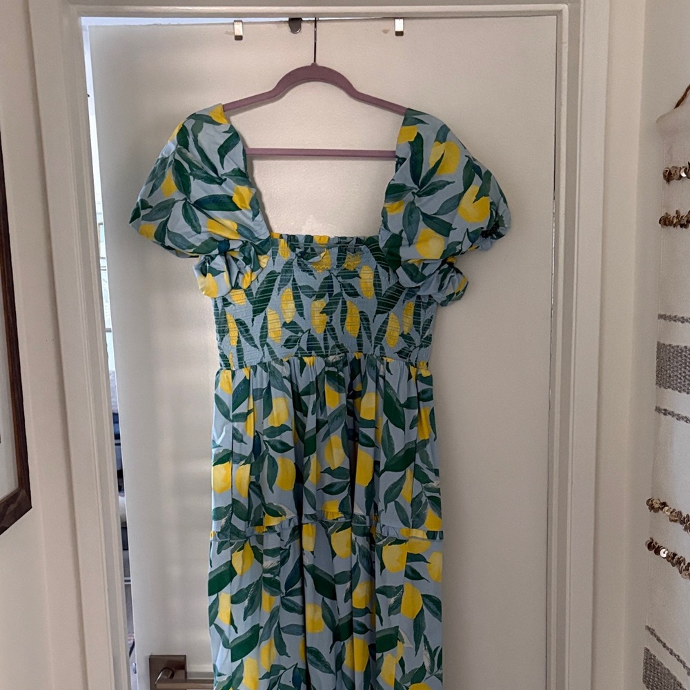 Lemon Print Maxi Dress with Puff Sleeves